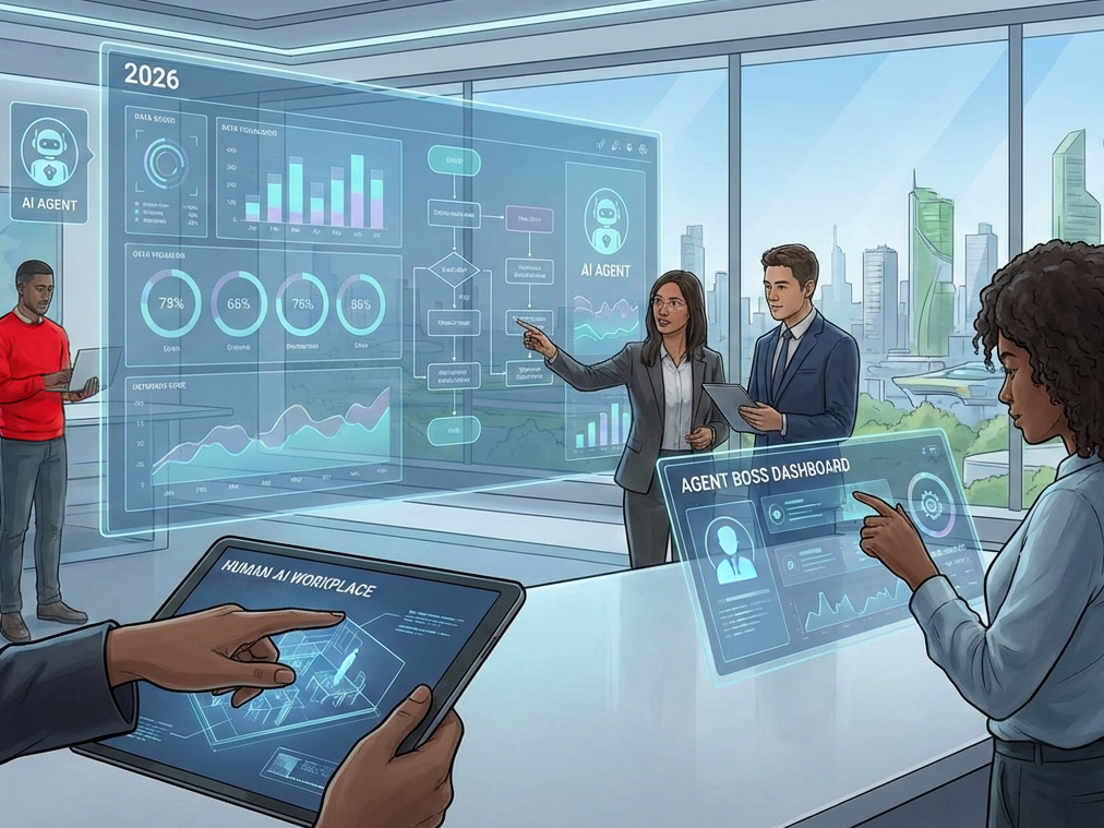 A diverse team of four professionals in a high-tech office interacting with glowing, holographic data displays and charts with AI agents and Agent Boss. A city skyline with flying vehicles is visible through the window in the background.