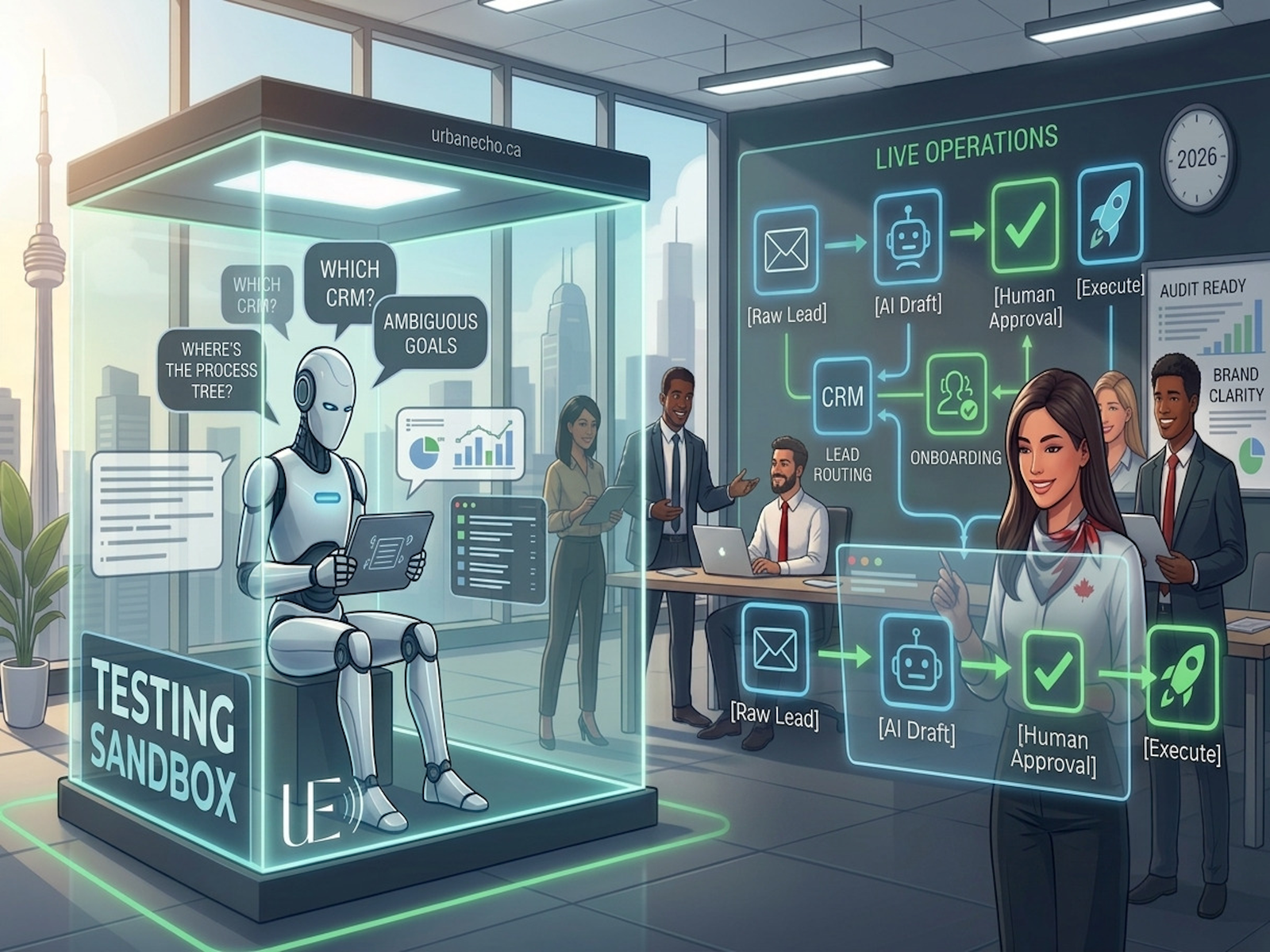Urban Echo infographic showing a Toronto office team using Human-in-the-Loop AI governance while an AI agent remains trapped in a testing sandbox.