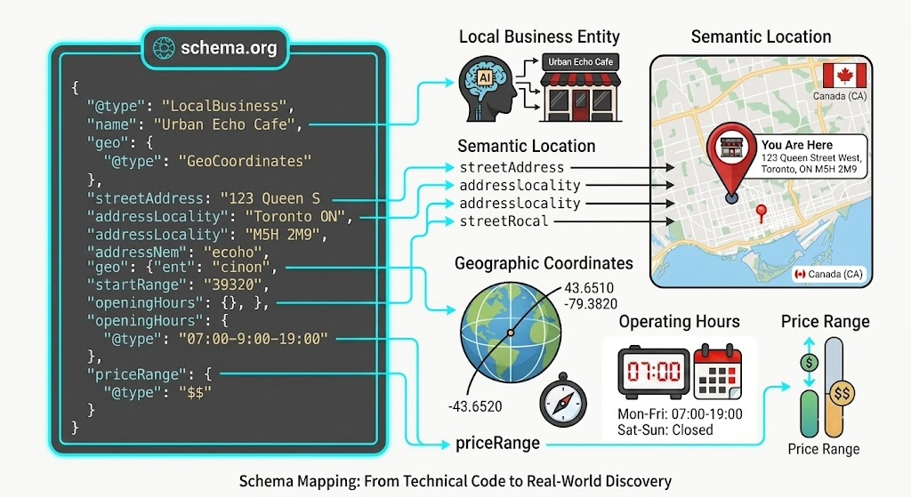 Beyond the Keyword 2 Structured JSON-LD Schema Markup of a Cafe location and business information diagram in Toronto, Ontario, Canada.